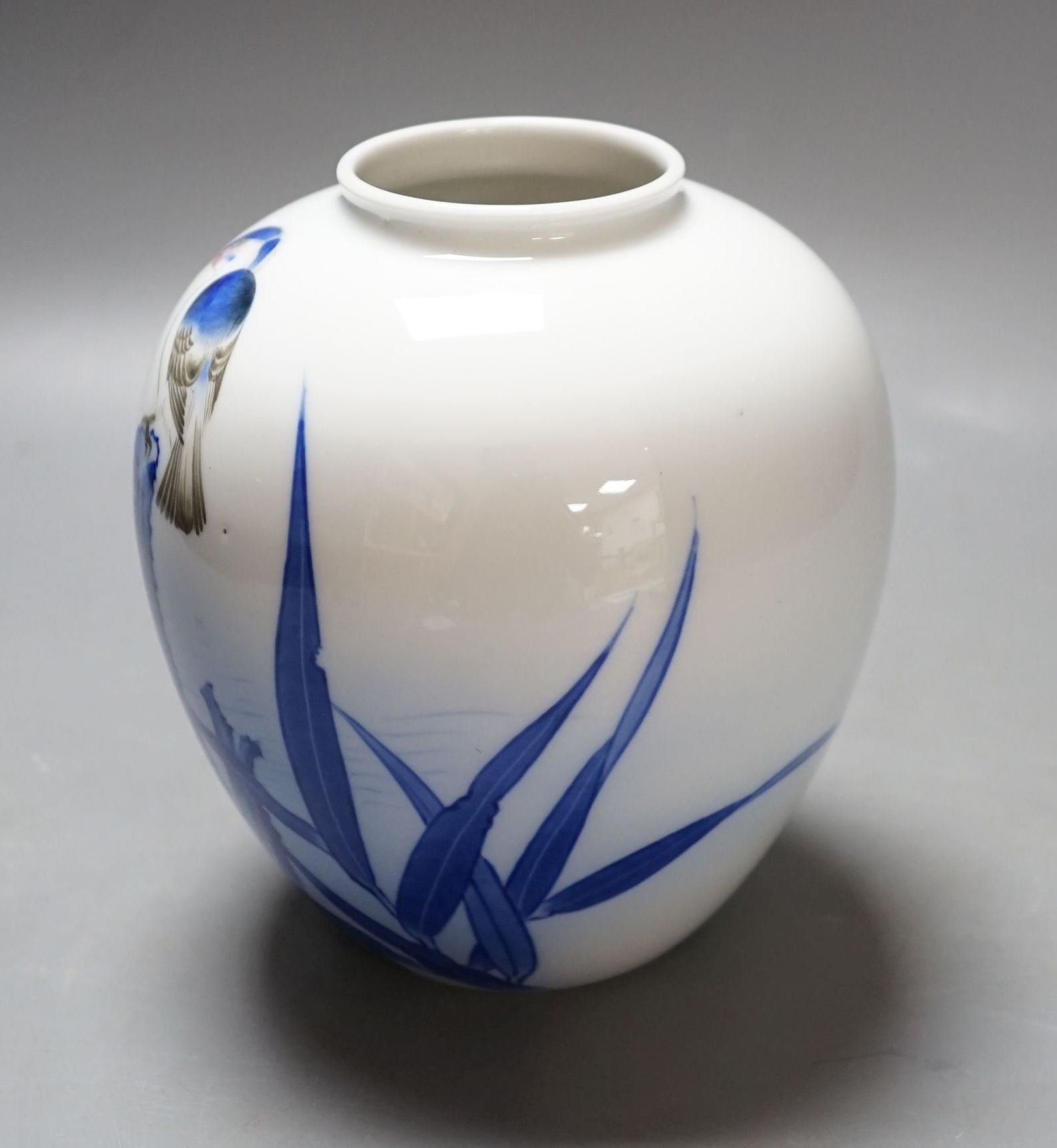 A Japanese underglaze blue, brown and red ‘kingfisher’ vase, by Fukugawa, koransha mark, 16 cms high.